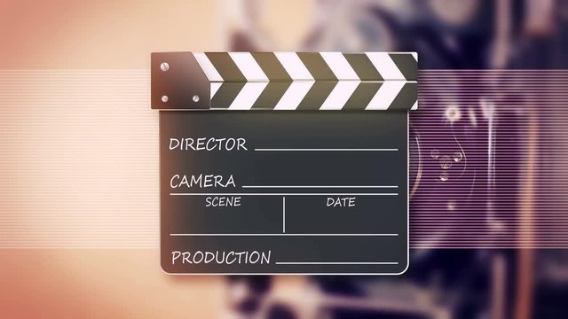 Retro camera with movie clapper board. 4K UHD effect video.