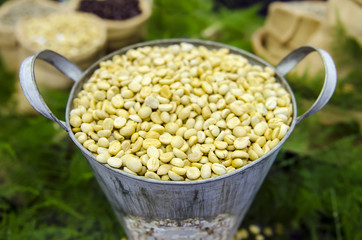 Coffee beans on wood background with soy beans