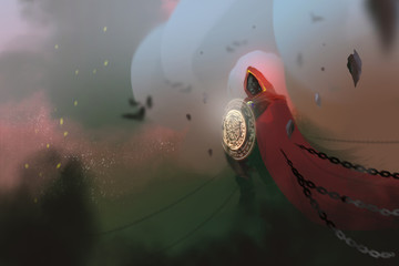 a red cloack sorcerer casted spell in the dark world and chains, digital art illustration painting.