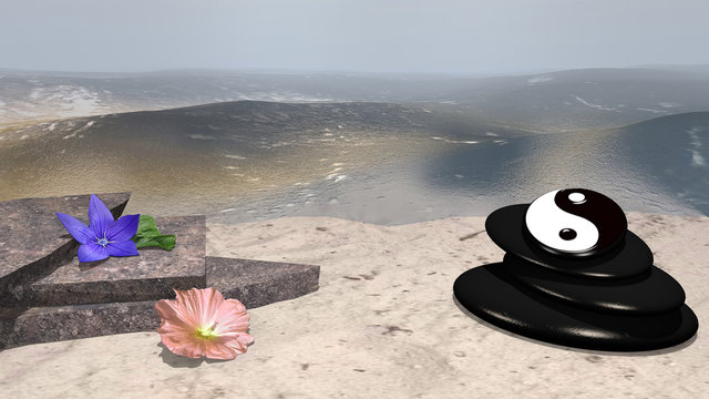 lila Blüte mit Orangenblatt, rose Wildrose, Bruchsteine und Bimssteine mit Yin und Yang Symbol auf Sandstrand vor der Weite des Meeres. 3d render