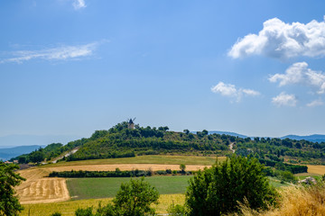 Paysage rural: champs de blé, de tournesol, moulin à vent sur la colline