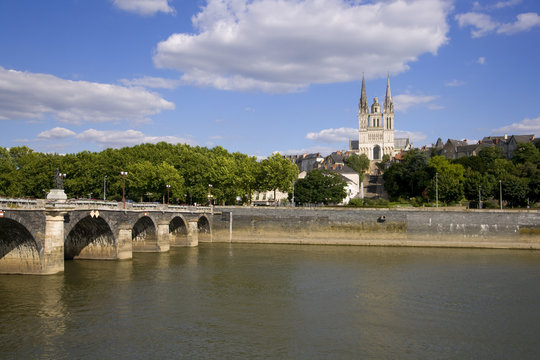River La Maine and Cathedral Saint-Maurice, Angers, Maine et Loire, France
