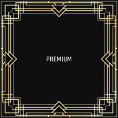 Vector geometric frame in Art Deco style. Square abstract element for design. Light golden lined shape.