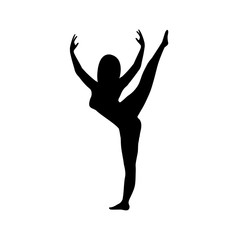 Fototapeta na wymiar Black silhouette of a woman in sports. The girl is engaged in gymnastics or aerobics. Vector illustration of people. Black icon woman.