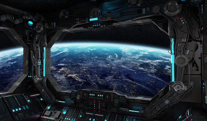 Fototapeta premium Statek kosmiczny grunge wnętrza z widokiem na planecie Ziemia