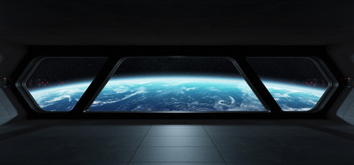 Obraz premium Futurystyczne wnętrze statku kosmicznego z widokiem na planetę Ziemię