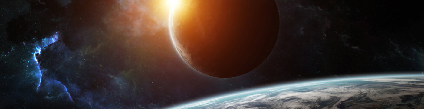 Panorama of distant planet system in space 3D rendering elements of this image furnished by NASA