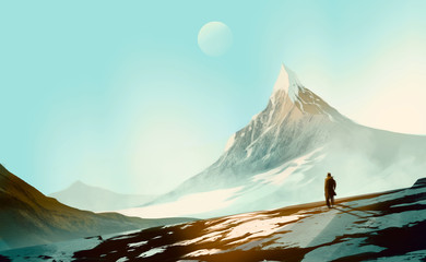 a man standing on the snow mountain, peaceful, solitude concept.