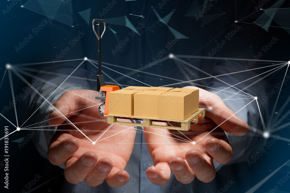 Aufkleber pallet truck and carboxes with network connection system - 3d render