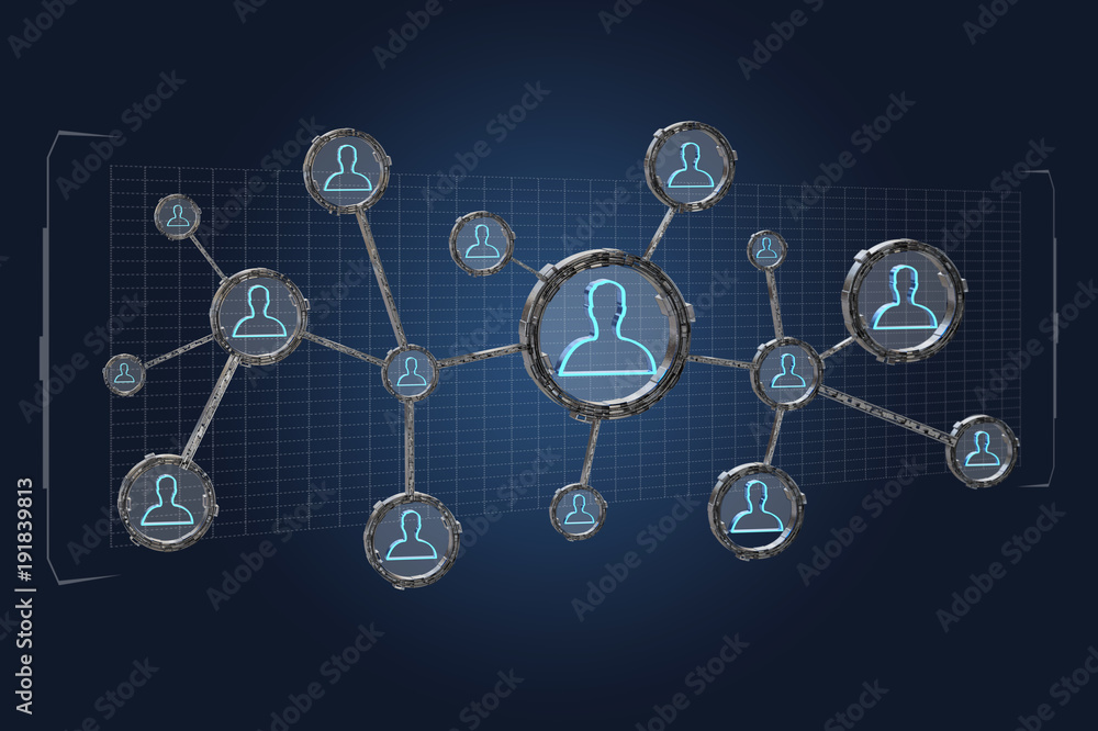 Poster network connection with people linked each other in technology wheel - 3d render