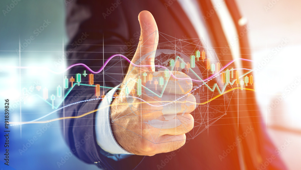 Poster businessman holding a 3d render stock exchange trading data information display on a futuristic inte