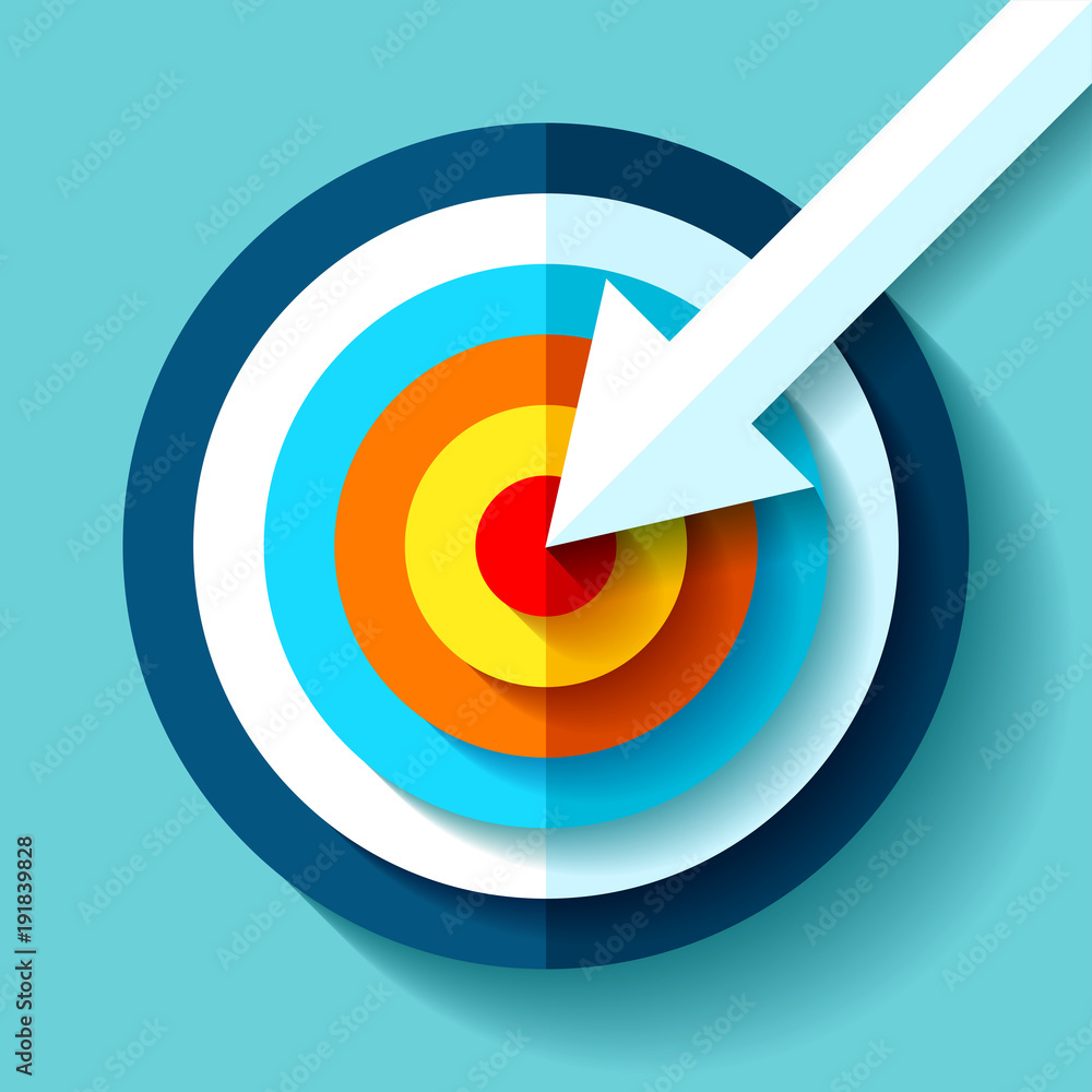 Poster volume target icon in flat style on color background. white arrow in the center aim. vector design e