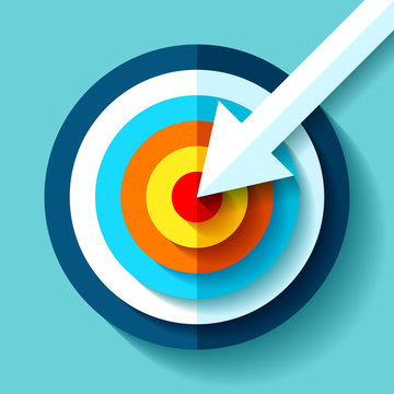 Volume Target icon in flat style on color background. White Arrow in the center aim. Vector design element for you business projects