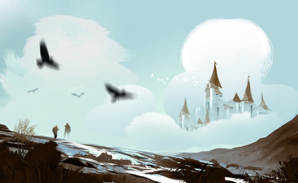 Digital art illustration painting style a big castle in clouds and snow mountains, fairytales, fantasy concept.