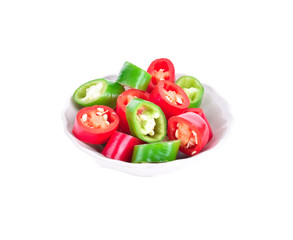 Chili slice in a cup on white background