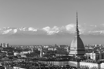 Italian City Landscape Of Torino With Alps And The Mole Antonelliana
