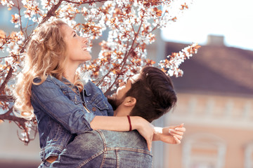 Love couple in spring in nature