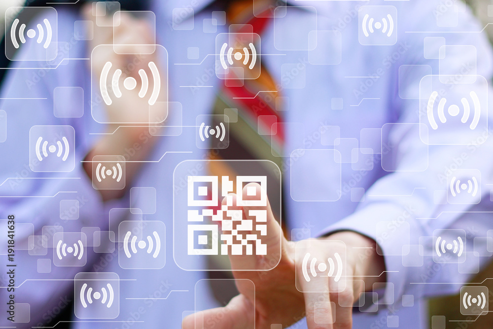 Poster businessman pressing button qr code in network wifi.