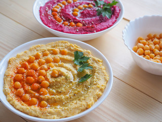 Dishes of chickpeas. Hummus. Lean middle Eastern cuisine.
