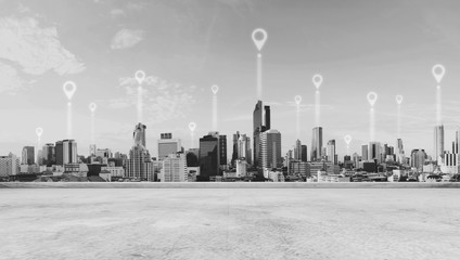 Modern buildings, pointing landmark location icons, black and white