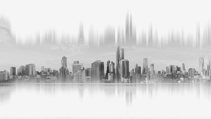 Modern buildings, abstract city network connection, black and white, on white background