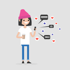 Young character checking the pop up notifications on the mobile phone. Millennial lifestyle. Internet. Flat editable vector illustration, clip art