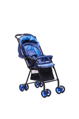 Blue pushchair isolated on white background