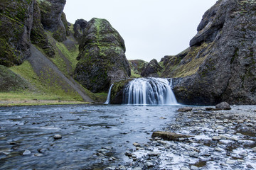 Waterfall at Kirkjubaejarklaustur, Suourland or South Iceland, Iceland, Europe