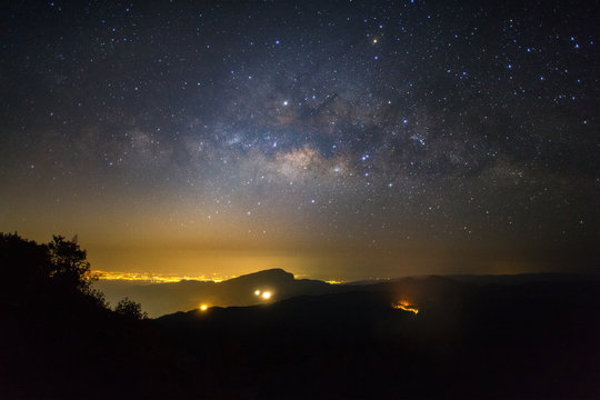 Milky way galaxy with stars and space dust in the universe before morning at Doi inthanon Chiang mai, Thailand