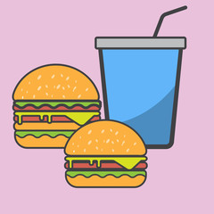 Hamburger and blue paper cup drink.