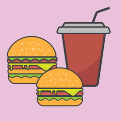 Hamburger and red paper cup drink.