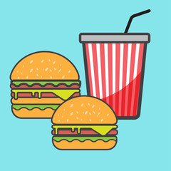 Hamburger and red paper cup drink.