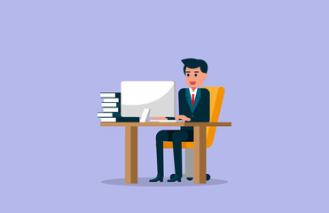 Businessman working on computer. Vector illustration of working concept.