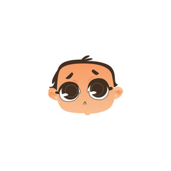 Comic style baby face, head icon with sad, upset expression and wide open eyes, flat vector illustration isolated on white background. Flat, comic emoticon, emoji icon with sad newborn baby boy face