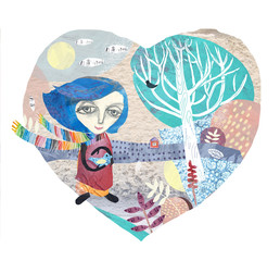Isolated illustration on a white background. Heart-shaped composition with trees, clouds, bushes, plants and a house. A girl wearing a colorful scarf holds a bird.