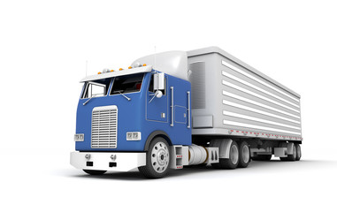 Logistics concept. American Freightliner Cargo truck transporting goods moving from right to left isolated on white background. Front perspective view. 3D illustration