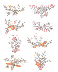 Obraz premium Vector collection of floral doodle bouquets. Flowers,leaves, her