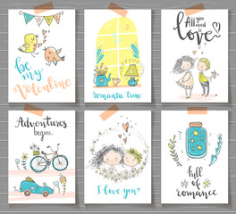 Collection of cute romantic ready design cards. Valentine day, e