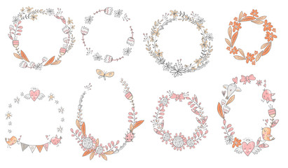 Vector collection of floral doodle wreath. Flowers, birds and he