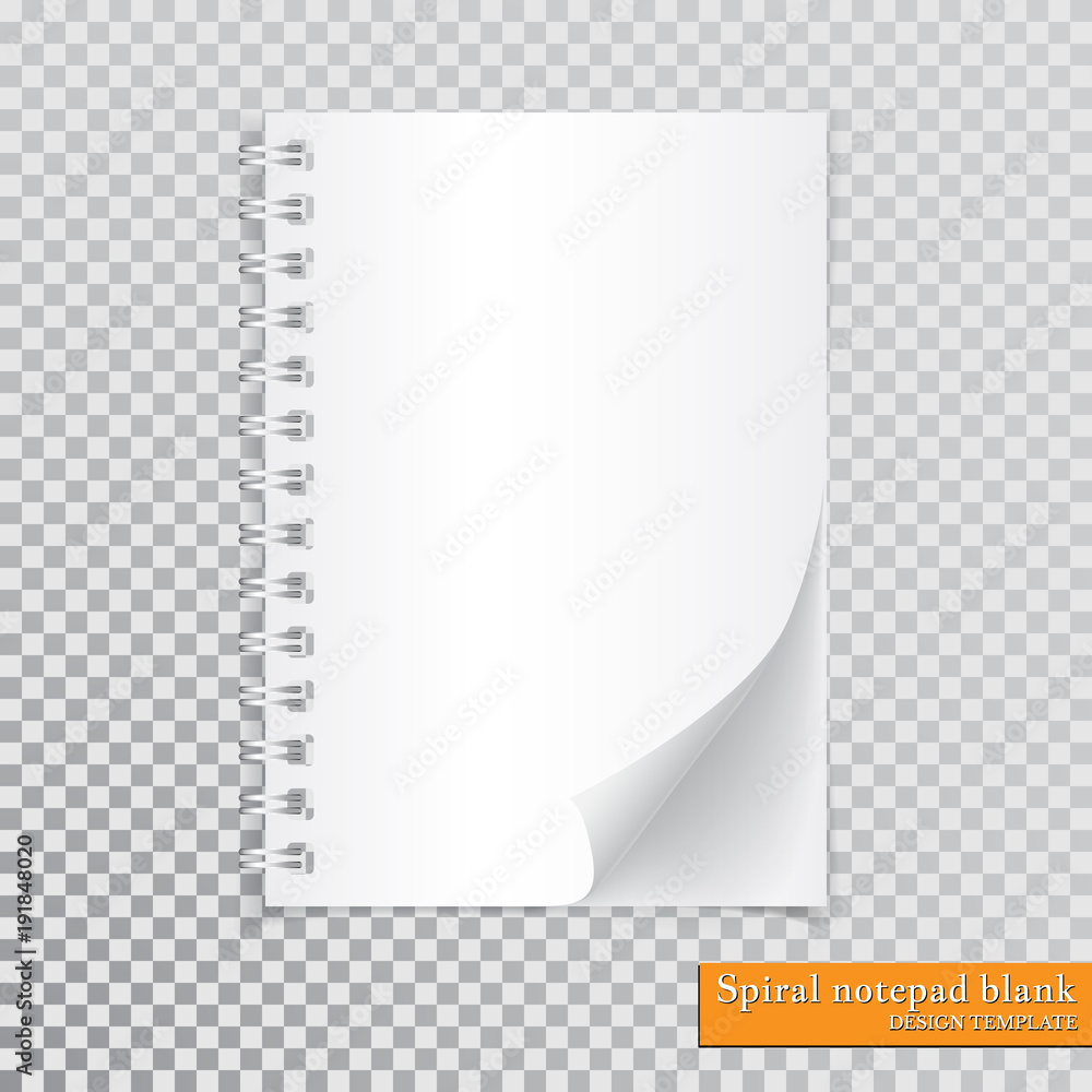Poster realistic spiral notepad blank with cornered sheet of paper mock up on transparent background. vecto