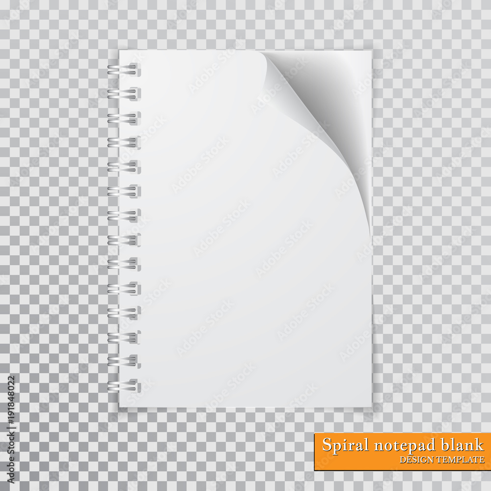 Poster realistic spiral notepad blank with cornered sheet of paper mock up on transparent background. vecto