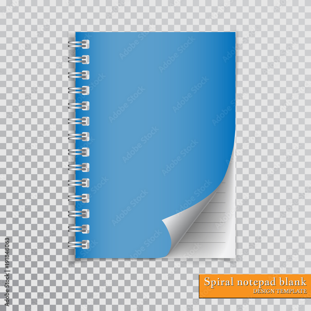 Poster realistic spiral notepad blank with cornered sheet of paper mock up on transparent background. vecto