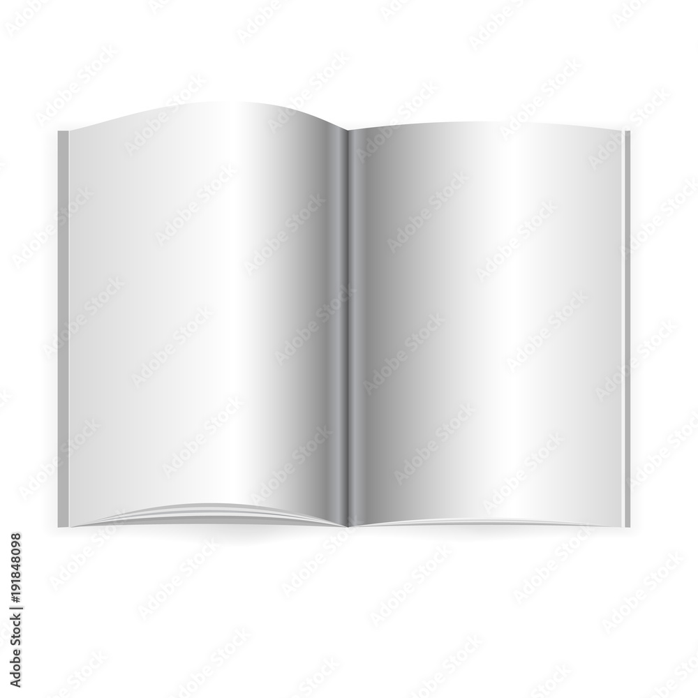 Poster vector realistic opened book, journal or magazine mockup with sheet of a4. blank open pages of sketc