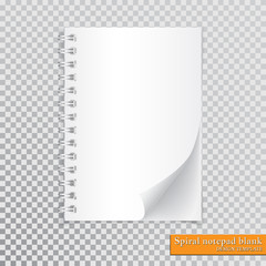 Realistic spiral notepad blank with cornered sheet of paper mock up on transparent background. Vector