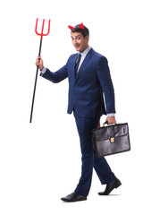 Evil devil businessman with pitchfork isolated on white backgrou