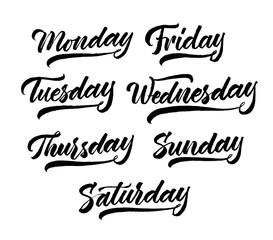 Set of week days lettering. Hand drawn modern calligraphy brush pen style. Black on white background. Vector ink. Collection.