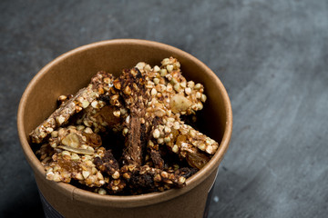 Granola in bowl close up.