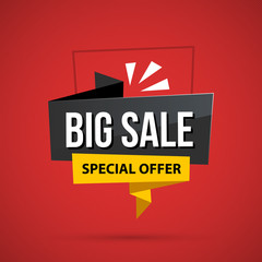Big sale banner template in business origami style on deep red background