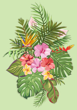 Illustration of a beautiful exotic bouquet with tropical flowers and leaves