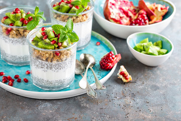 Layered chia pudding parfait with kiwi fruit, pomegranate, granola and yogurt, healthy breakfast